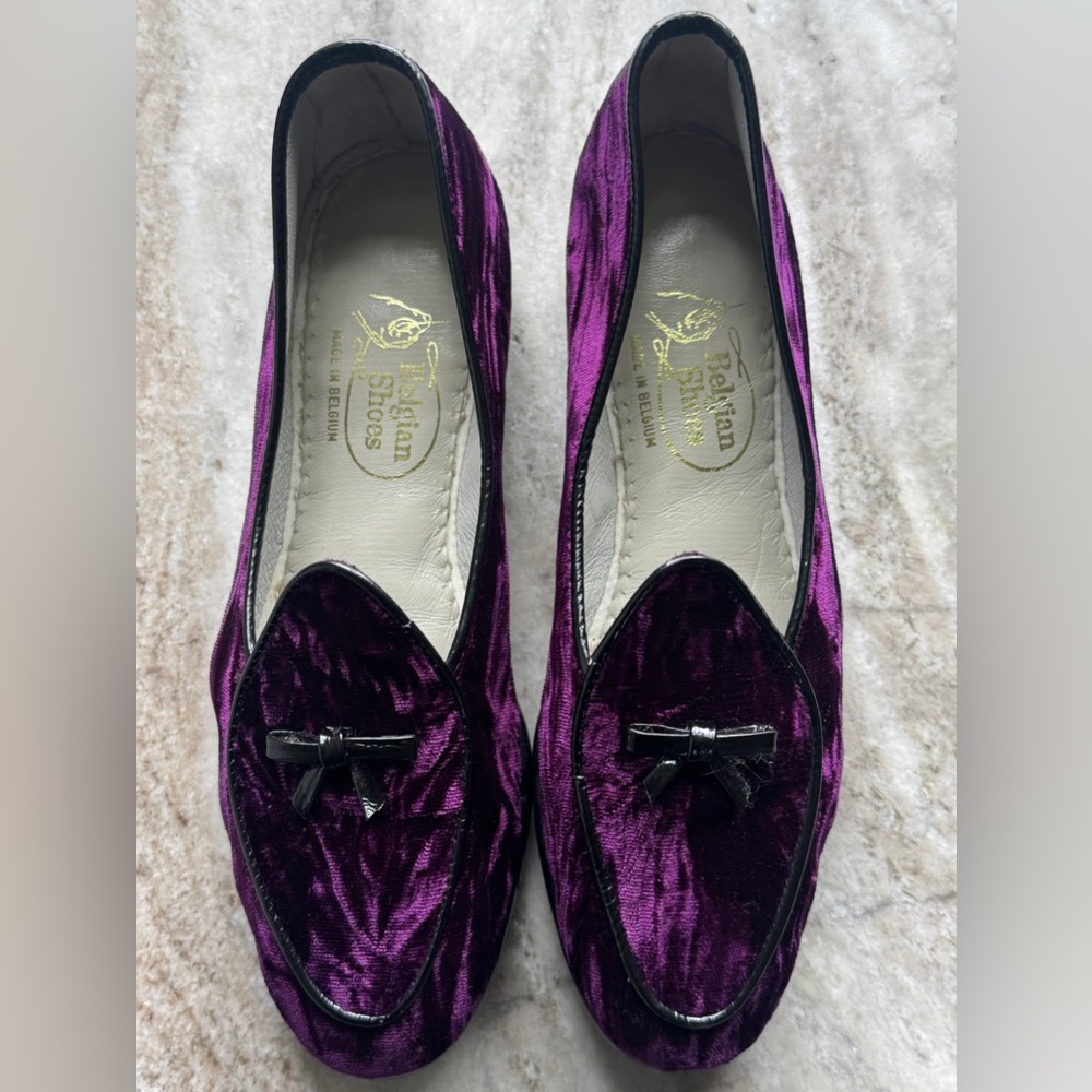 Belgian Shoes Midinette Slippers Purple Velvet Leather Trim Loafer 5.5 Flats Bow
